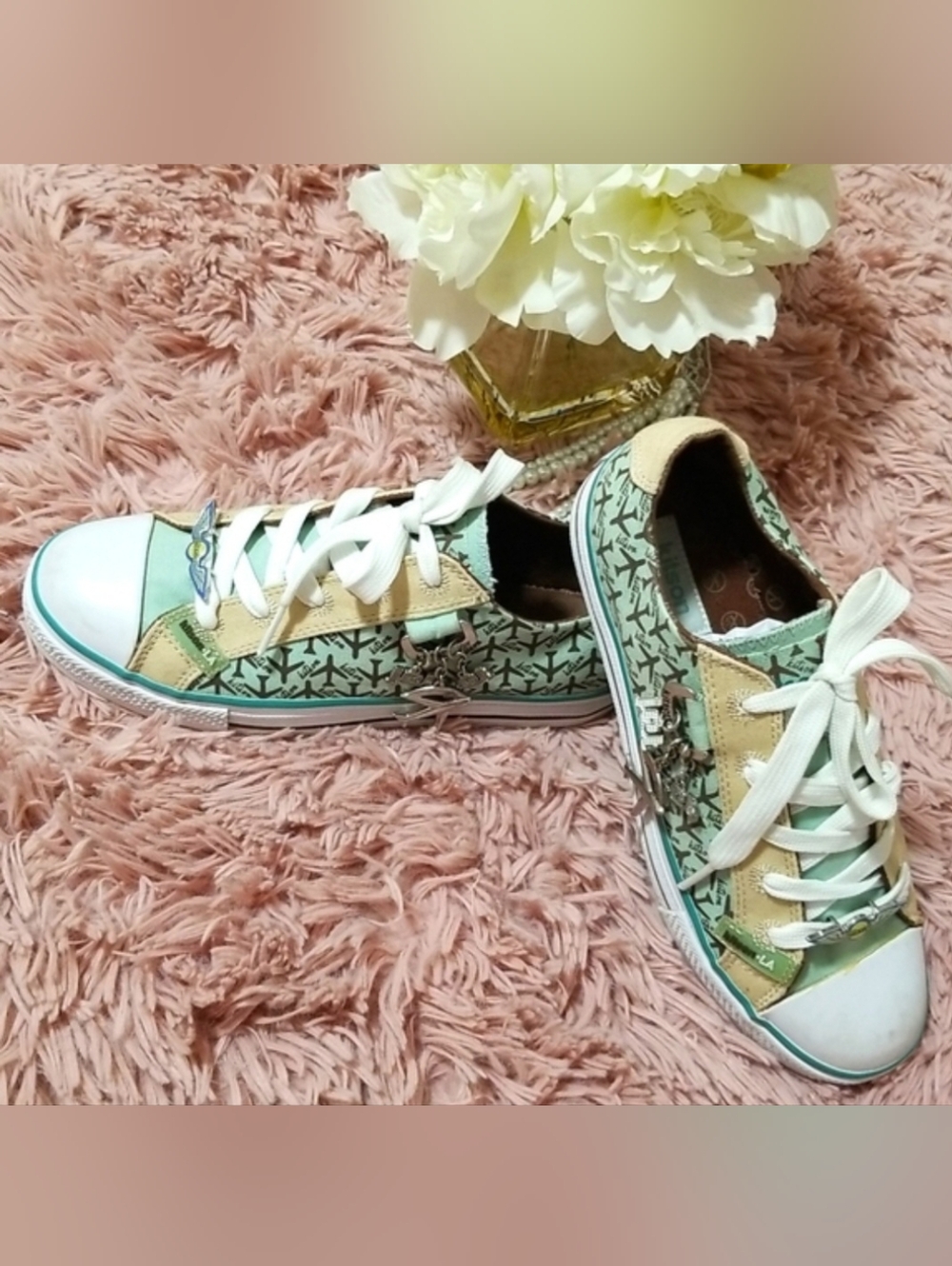 Kitson LA Prima Donna Flier Jet Set Airplane Print & Charms Mint Green Sneakers